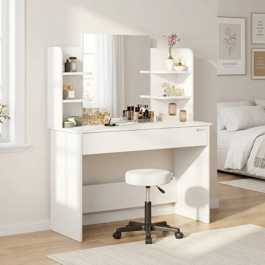 Toucador de maquilhagem Lucia 140x110x40cm, com banco com rodas Branco