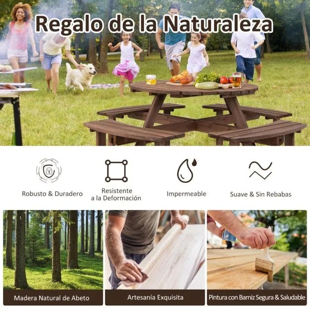 Conjunto jardim de mesa de madeira para 8 pessoas ao ar livre com mesa de piquenique com buraco para guarda-sol e 4 bancos de jardim Castanho