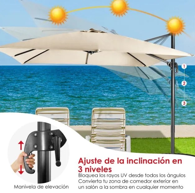 Guarda-sol 300 cm para jardim com manivela, 3 inclinações, rotação de 360°, 8 varas, base cruzada Bege