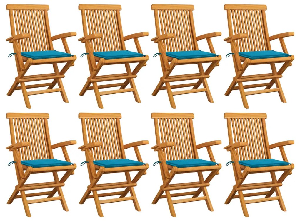 vidaXL Cadeiras de jardim c/ almofadões azuis 8 pcs teca maciça