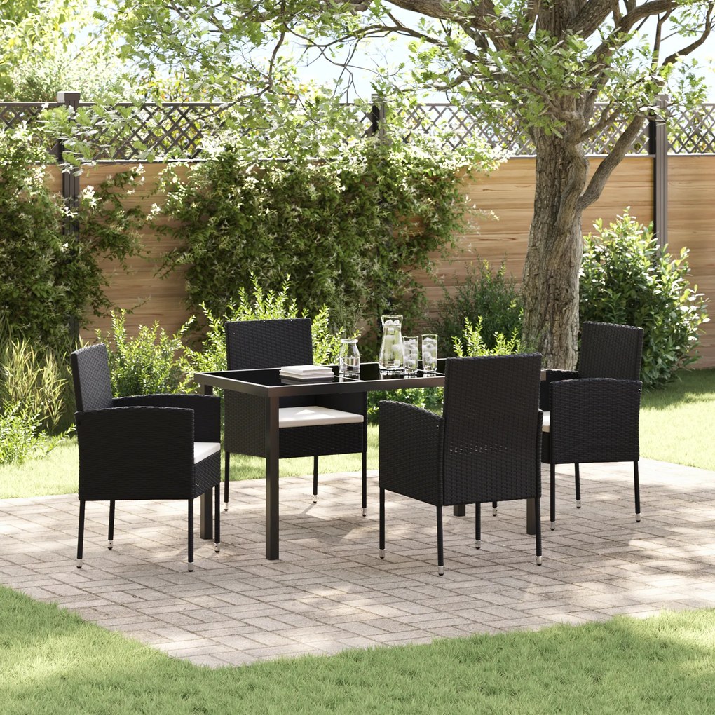 vidaXL Conjunto de Jantar de Jardim de 5 Peças com Almofadas Preto Vime PE