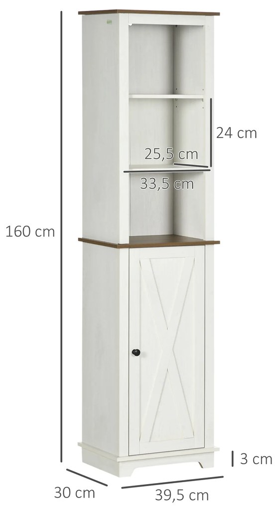 Coluna Casa de Banho com 3 Compartimentos Porta e Prateleira Ajustável 39,5x30x160 cm Branco e Madeira