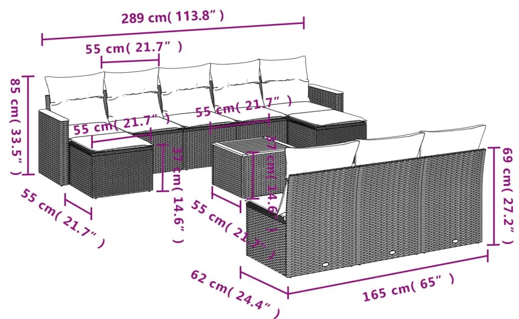 11 pcs conjunto sofás de jardim c/ almofadões vime PE bege