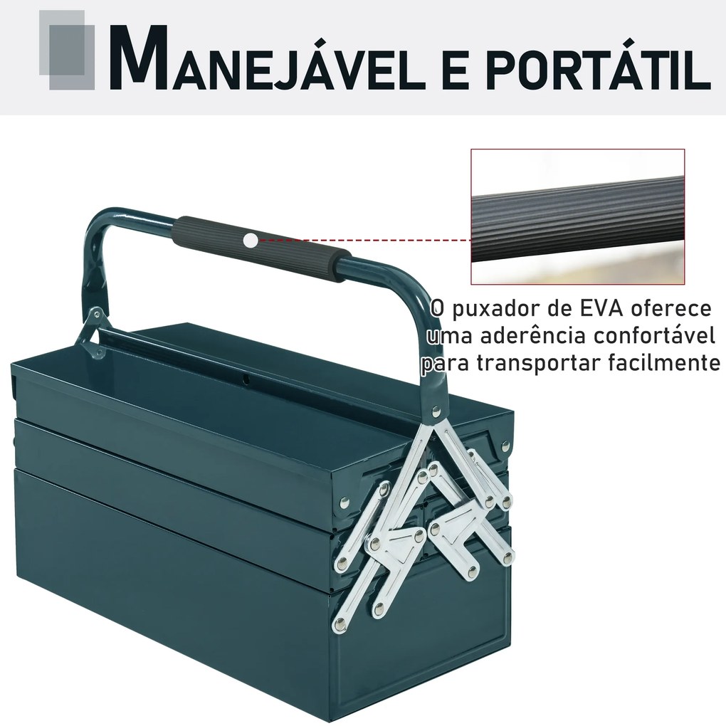 Caixa de Ferramentas de Aço Dobrável com 5 Compartimentos Mala de Ferramentas com Pega para Oficina e Casa 45x20x34,5 cm Verde