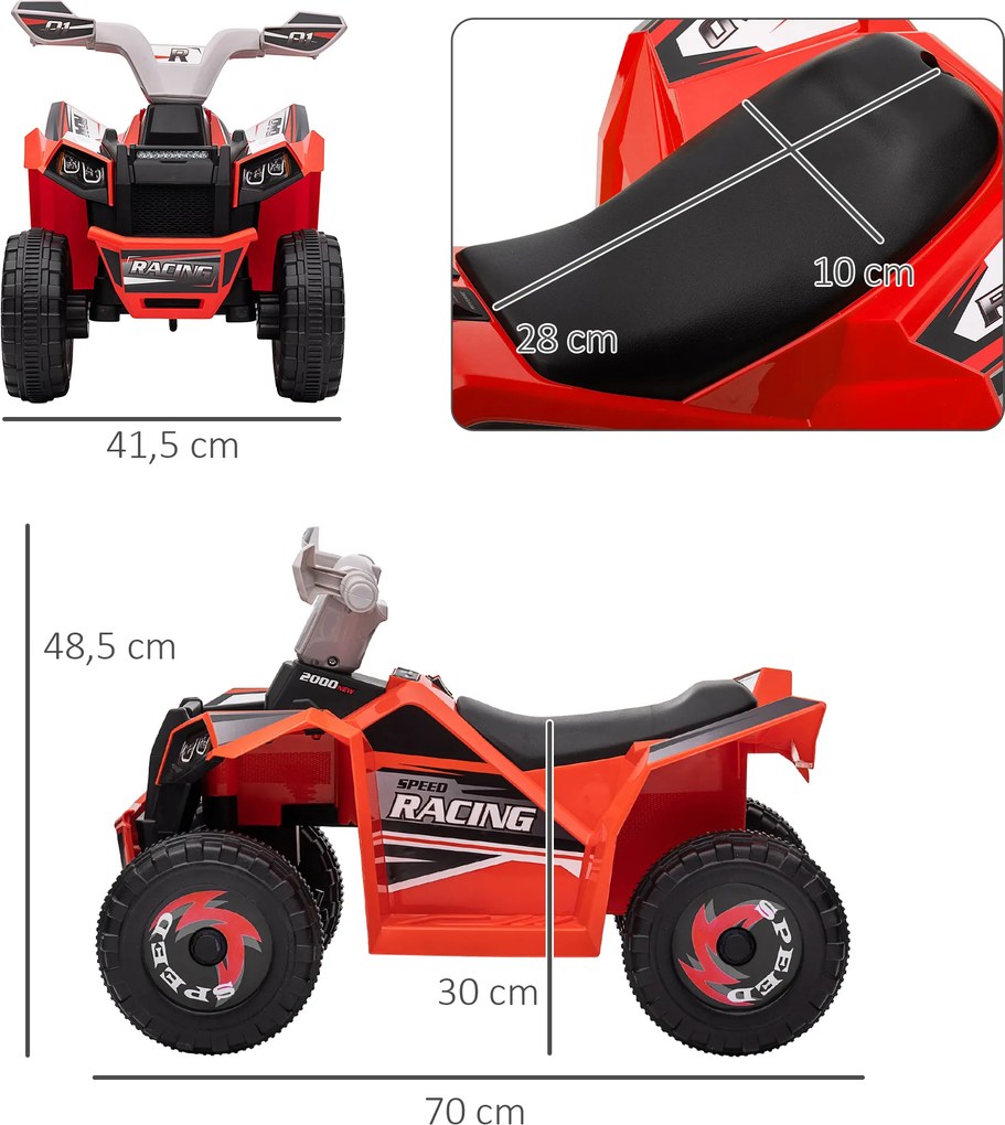 Moto 4 elétrica para crianças de 18 a 36 meses, a bateria de 6 V com marcha à frente e atrás, 70 L x 41,5 L x 48,5 A cm, vermelho