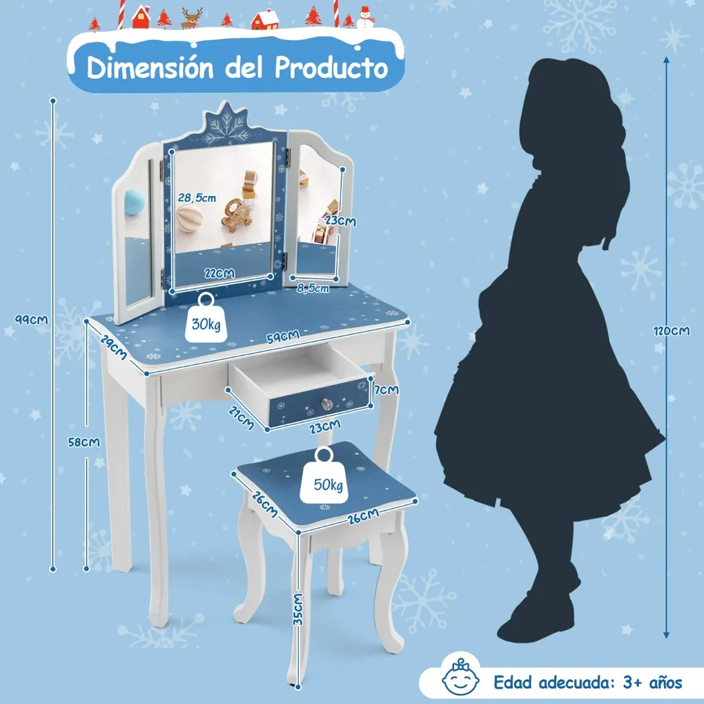 Conjunto Toucador e Banco infantil Mesa de Maquilhagem para Princesas com  Espelho Rotativo 360° Removível 3 Gavetas Branco e Rosa