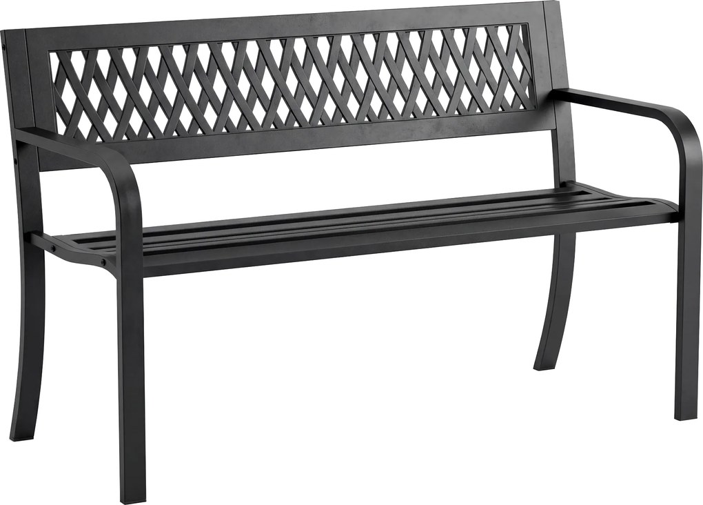 Banco de Jardim Exterior de 2 Lugares com Assento Ripado Apoios de Braço e Estrutura de Aço 119x50x75 cm Preto