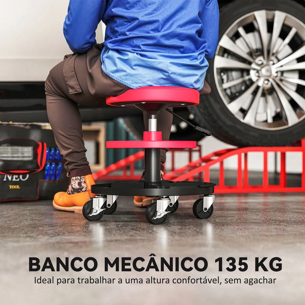 Banco de Oficina Giratório com Rodas Altura Ajustável de 40-51 cm Banco para Mecânico com 2 Bandejas para Ferramentas, Vermelho
