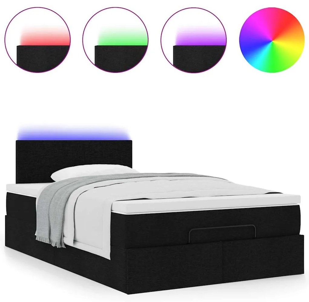 Cama otomana com colchão & LEDs 120x190 cm tecido preto