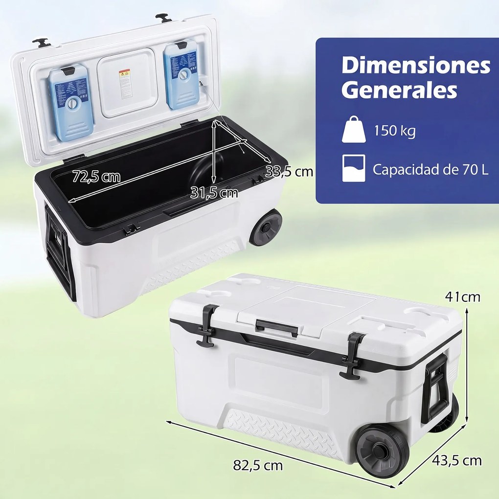 Geleira Portátil com Rodas, 82,5 x 43 x 41,5 cm, Capacidade de 70 L, Branco