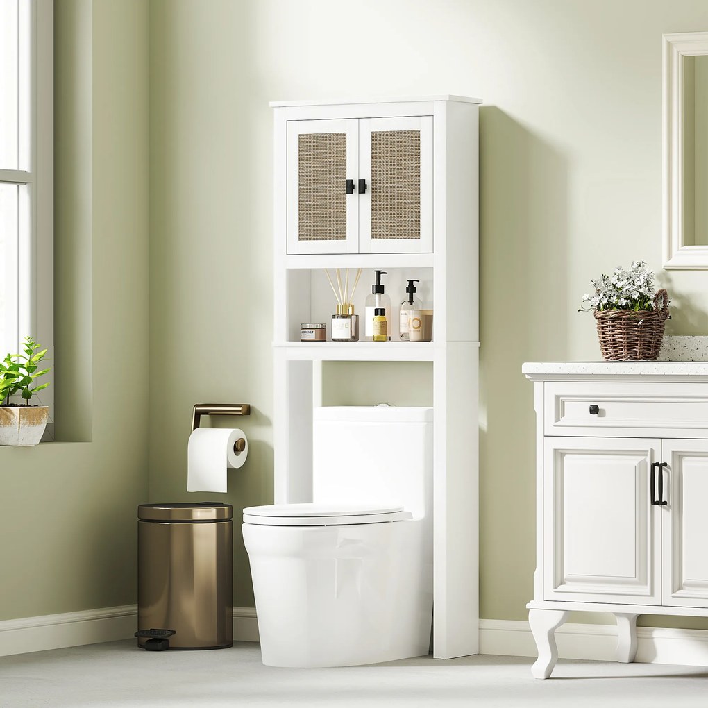Móvel sobre Sanita Armário sobre Sanita com 2 Portas com Frente em Vime Compartimento e Prateleira Ajustável 60x19,5x160 cm Branco