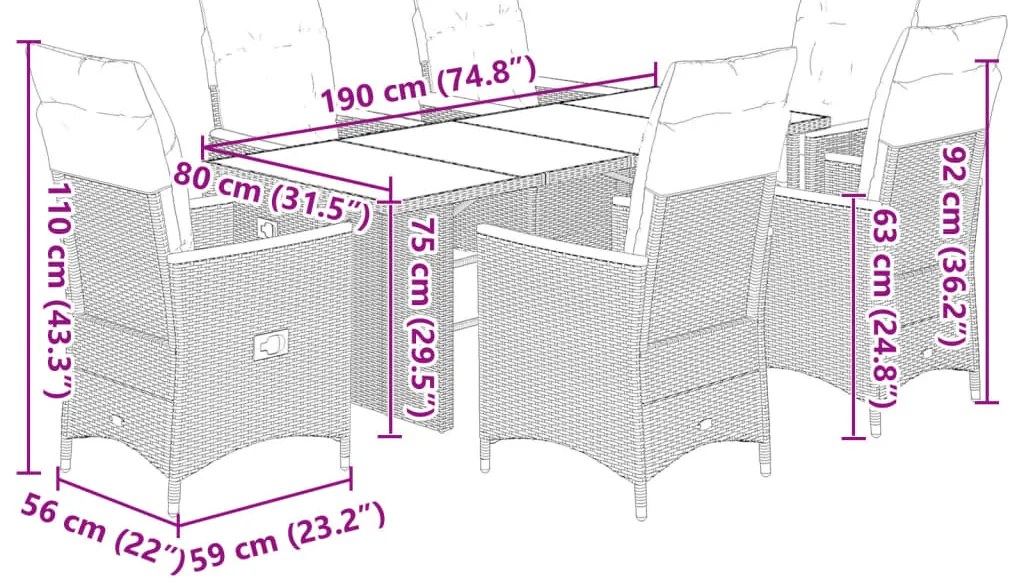 7 pcs conjunto bistrô de jardim c/ almofadões vime PE cinza