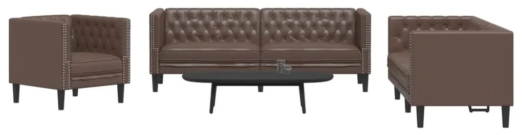 3 pcs conjunto de sofás chesterfield couro artificial castanho