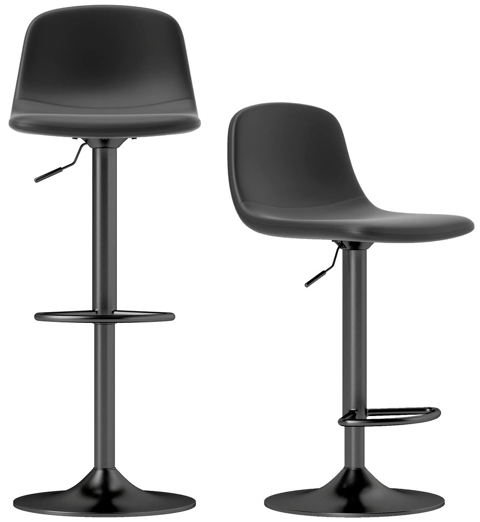 Conjunto 2 Bancos de Bar Reguláveis em Altura 84-104 cm com Encosto e Apoio para os Pés Estofadas em PU Giratórias em 360° Preto