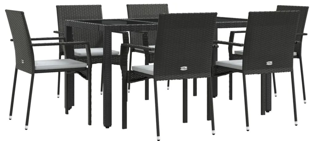 7 pcs conjunto de jantar p/ jardim c/ almofadões vime PE preto