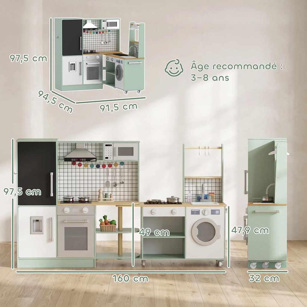 Cozinha infantil de brincar 160 x 32 x 97,5 cm, micro-ondas, forno, tabuleiro giratório com Rodas, verde claro