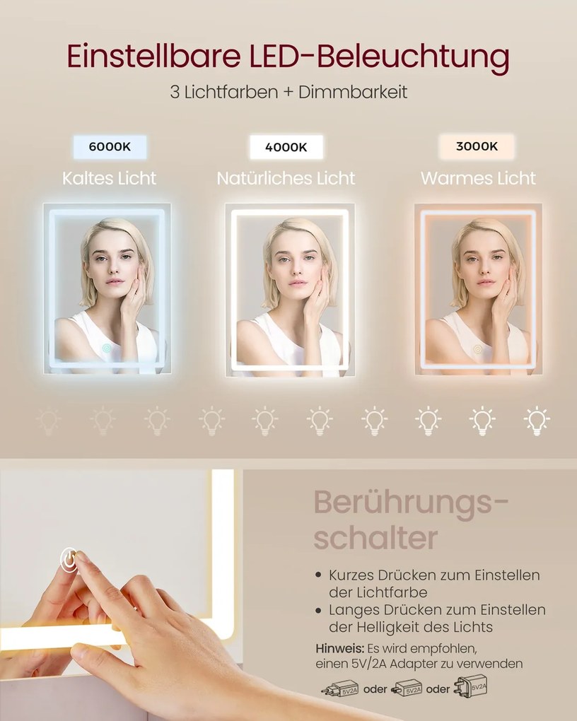 Toucador com espelho LED (BANCO NÃO INCLUIDO) regulável, 2 gavetas 40 x 90 x 145 cm Coleção Kailyn, branca