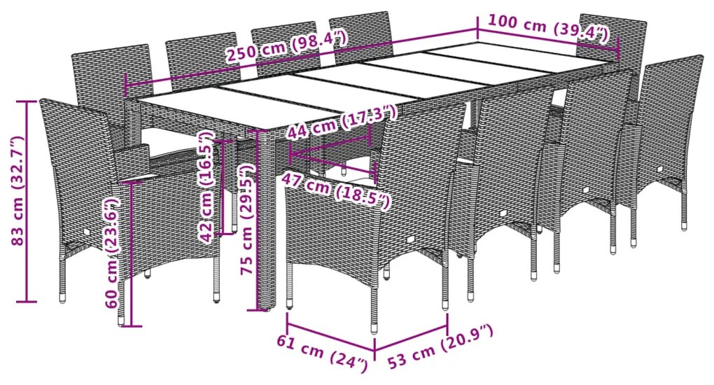 11pcs conjunto jantar jardim c/ almofadões vime PE/acácia cinza