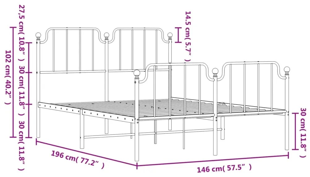 Estrutura de cama com cabeceira e pés 140x190 cm metal branco