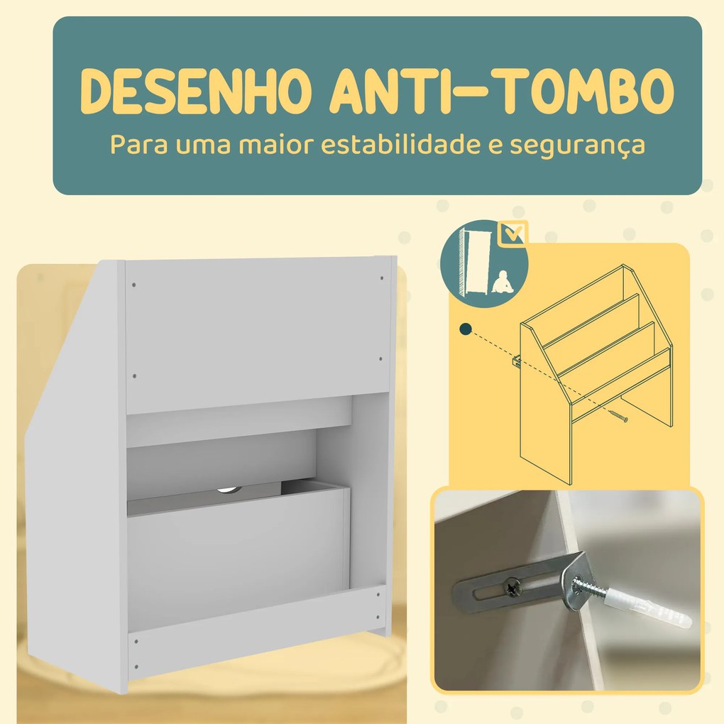 Estante de Brinquedos com 3 Compartimentos Gaveta com Rodas para Quarto Sala de Jogos 62,5x30x70 cm Branco