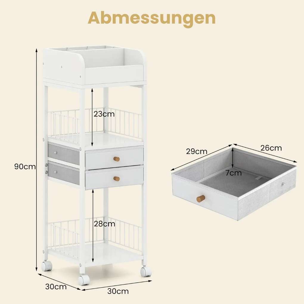 Carro organizador de cuidados maquilhagem 30 x 30 x 90 cm com a pele com gavetas e prateleiras de armazenamento com rodas Branco