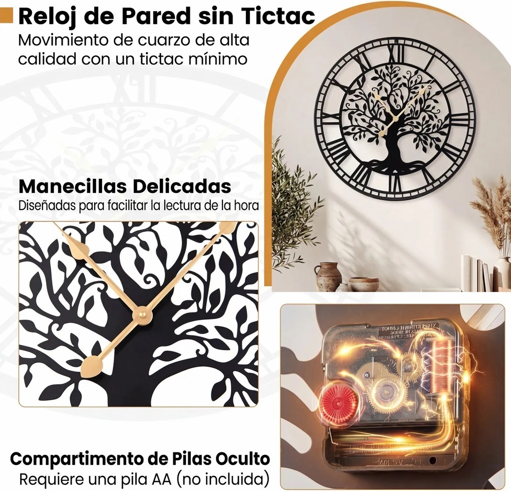 Relógio de parede grande «Árvore da Vida», 68 cm, em metal, silencioso, a pilhas, decoração para sala, quarto e cozinha, preto