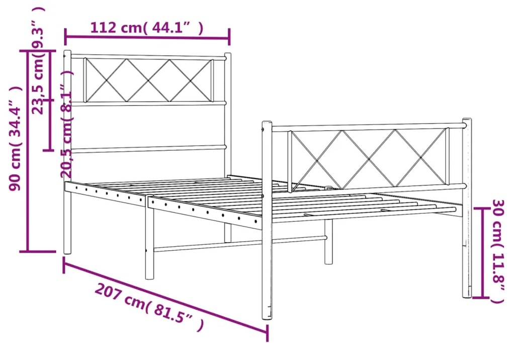 Estrutura de cama com cabeceira e pés 107x203 cm metal branco