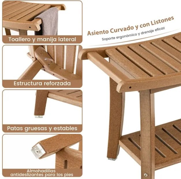 Banco de banho curvo em HDPE 60,5 cm x 34 cm x 48 cm impermeável com Prateleira de armazenamento Almofadas antiderrapantes para idosos Castanho