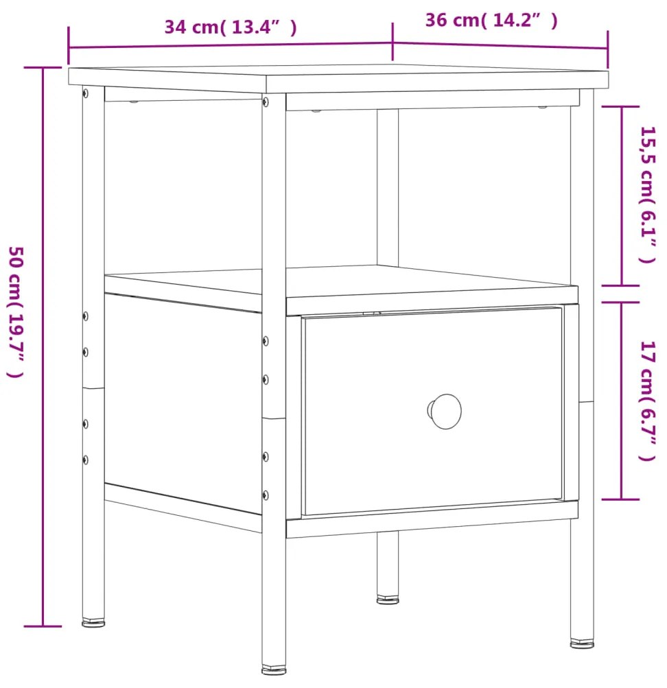 Mesa cabeceira 34x36x50 cm derivados de madeira cinzento sonoma