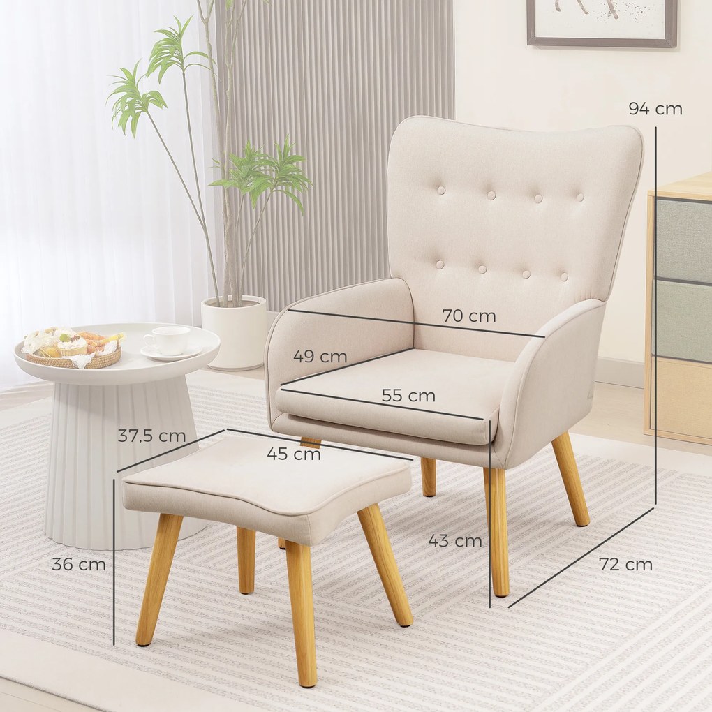 Poltrona com Apoio para Pés Poltrona de Leitura com Capitonê Pés de Madeira e Revestimento em Linho 70x72x94 cm Bege