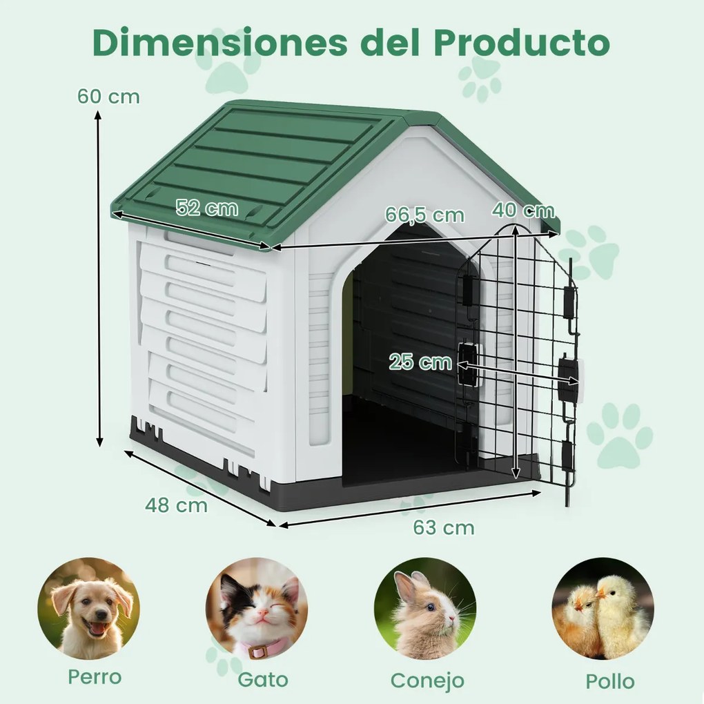 Casota para cães 66,5 x 52 x 60 cm com porta metálica com fechadura e telhado inclinado Boa ventilação para interior e exterior Verde