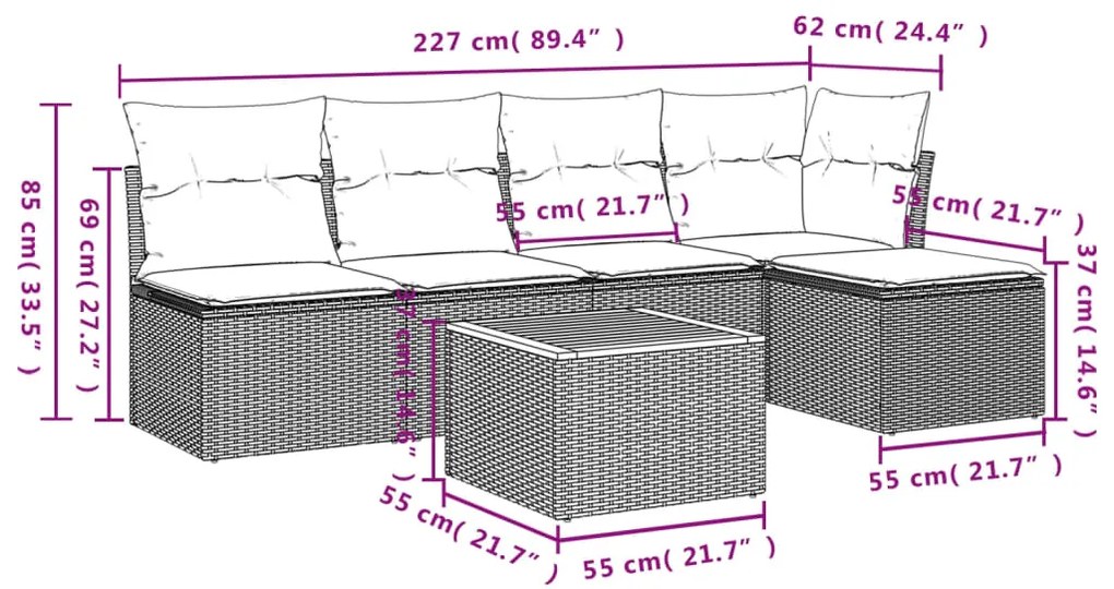 6 pcs conjunto de sofás p/ jardim com almofadões vime PE bege