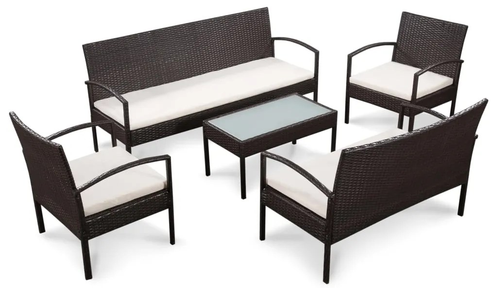 5 pcs conjunto lounge jardim c/ almofadões vime PE castanho