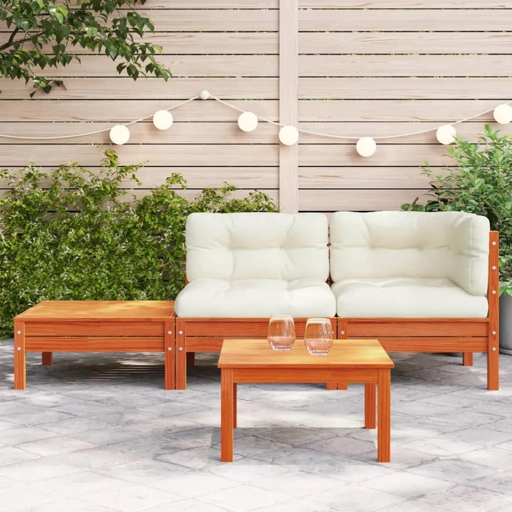 Sofá de jardim com almofadões e apoio de pés pinho maciço