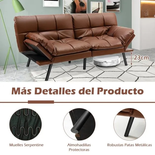 Sofá-cama dobrável de 3 lugares 182 x 87 x 82 cm PU Futon conversível de espuma viscoelástica com encosto e apoios de braços ajustáveis Castanho