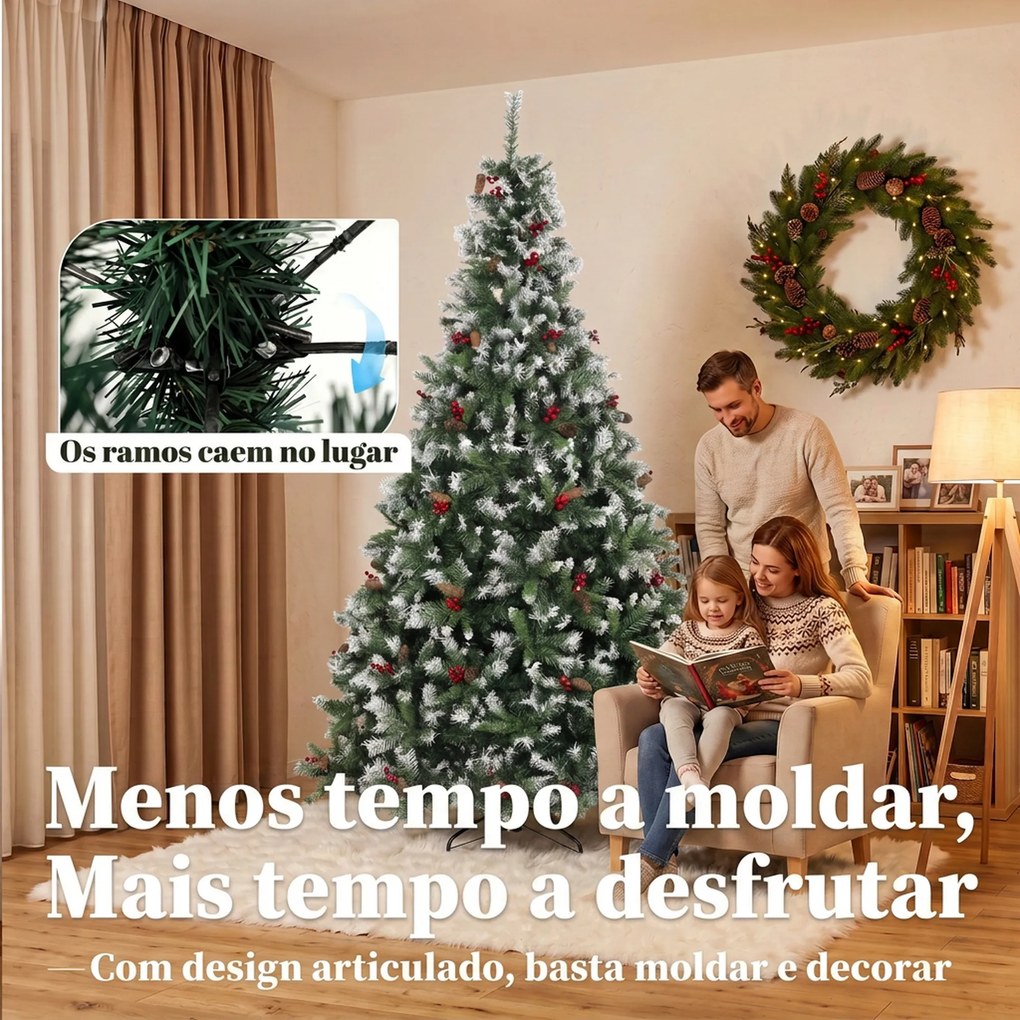 Árvore de Natal Artificial 240 cm Abeto com 1773 Pontas Ramos Articulados e Base Dobrável em Aço