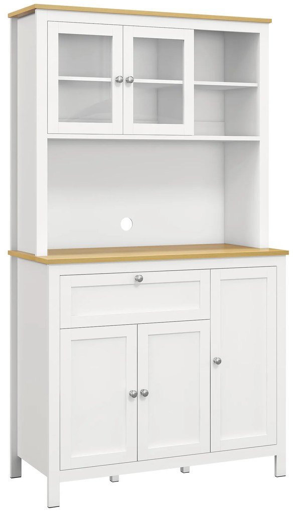 HOMCOM Armário de Cozinha com 5 Portas Prateleiras Ajustáveis Gaveta e Bancada para Micro-Ondas 100x40x180 cm Branco e Madeira | Aosom Portugal