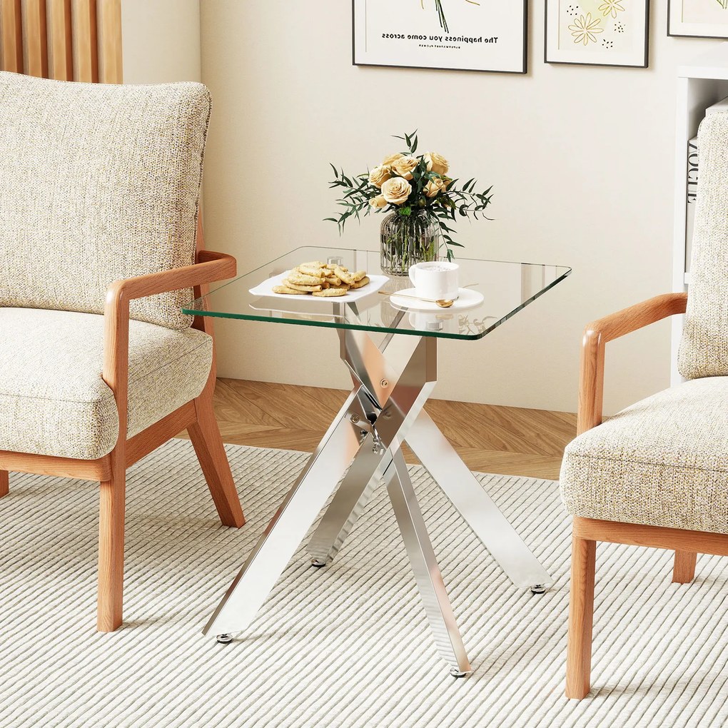 Mesa apoio de vidro 50 x 50 x 57 cm com tampo temperado e base metálica em X moderna para quarto ou sala de estar, prateada