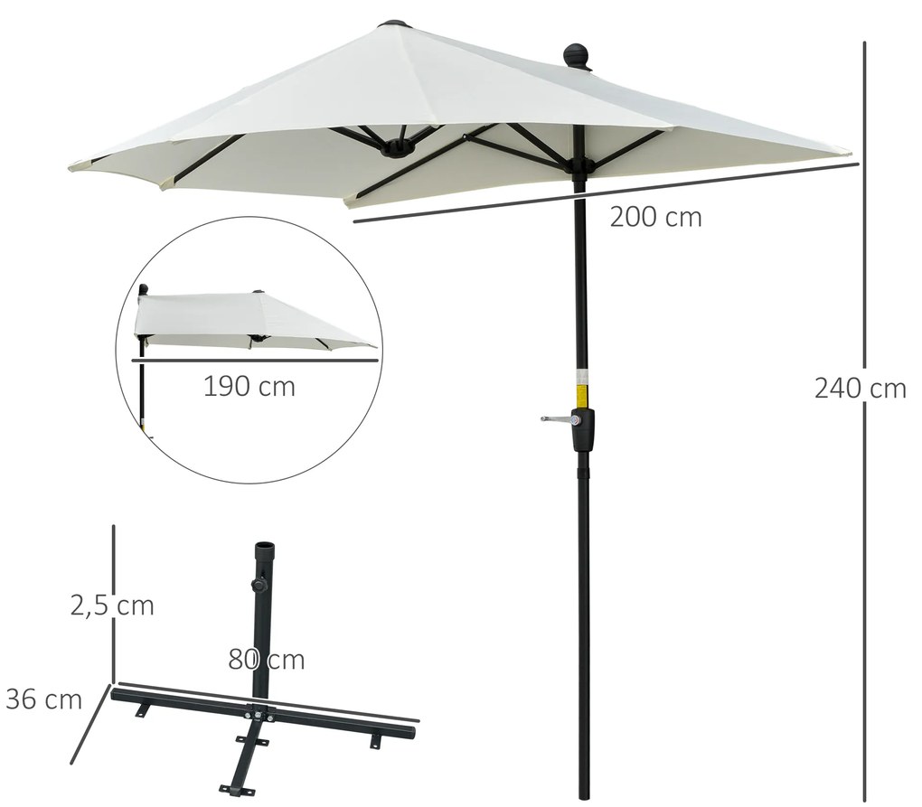 Chapéu de Sol de Parede 190x200x240cm Chapéu de Sol de Jardim com Manivela Mastro de Aço Base Cruzada e Proteção Solar para Terraço Balcão Creme