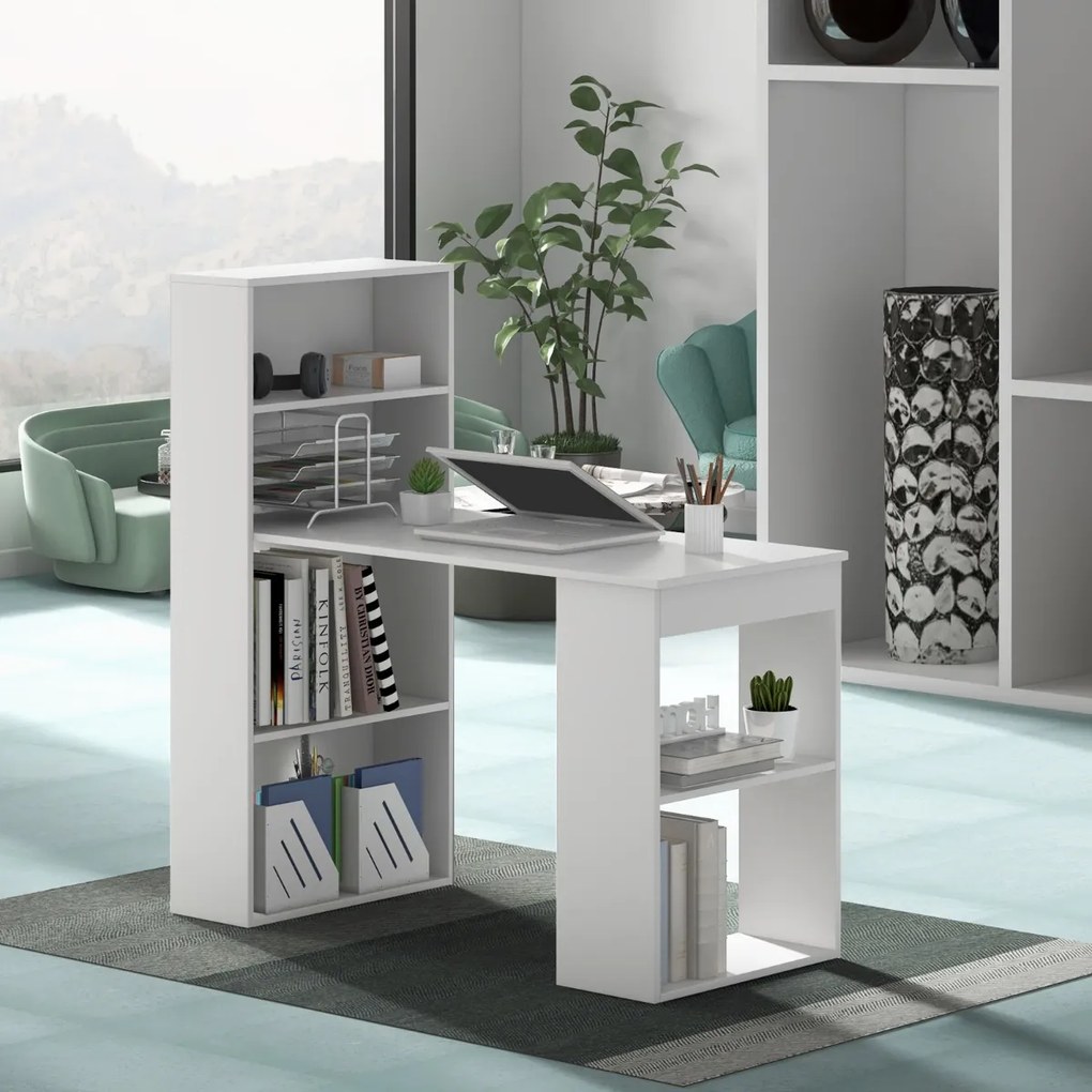 Secretária de computador com Estante de arrumação Secretária reversível para escritório de estudo Quarto de dormir 122 x 51 x 122 cm Branco