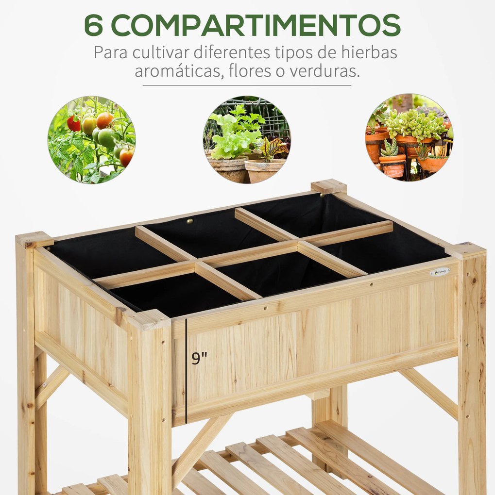 Horta Urbana de Madeira Mesa de Cultivo com 6 Compartimentos e Prateleira Inferior para Plantas e Flores em Jardim Terraço Exterior Capacidade 80 kg 7