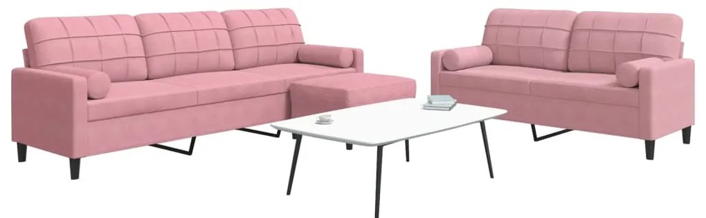 3 pcs conjunto de sofás com almofadões e rolos veludo rosa