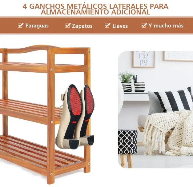 Sapateira em madeira de acácia com 3 níveis para entrada com 4 ganchos laterais castanho