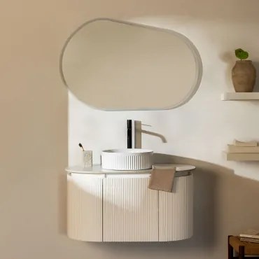 Conjunto De Móvel De Casa De Banho Suspenso Em Madeira Carsone Branco & Sem Unidade Auxiliar & Cerâmica Redonda Riscas Brancas Ø36 Cm - Sklum