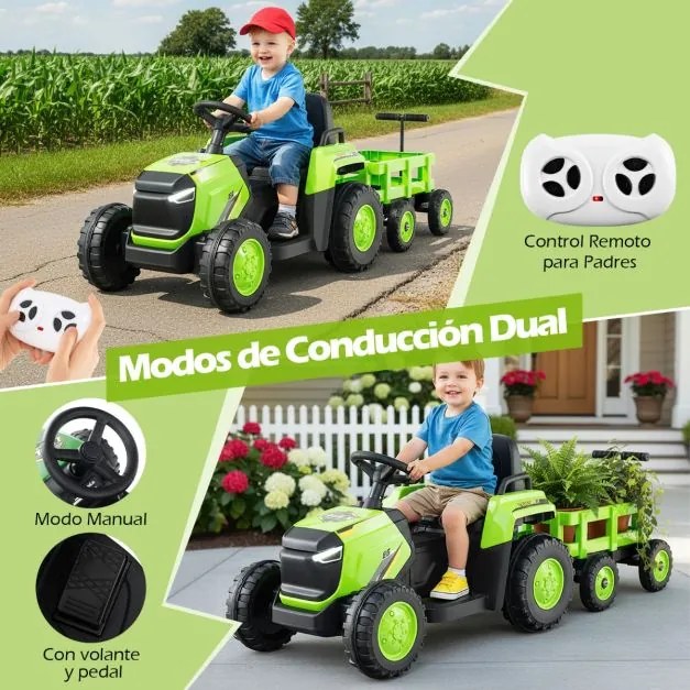 Trator Elétrico para crianças de 12V com Reboque Desmontável Comando à Distância Faróis LED Buzina Música Arranque Verde