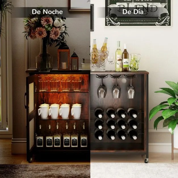 Garrafeira para Vinhos 108 x 40 x 81 cm com Luz LED de Cozinha com Prateleiras Ajustáveis Suportes para Copos e Garrafas Móvel Castanho