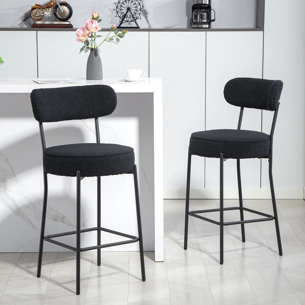 Conjunto de 2 bancos de bar em tecido felpudo, bancos de bar com encosto curvo e apoio para os pés, 49 x 52 x 95 cm, preto