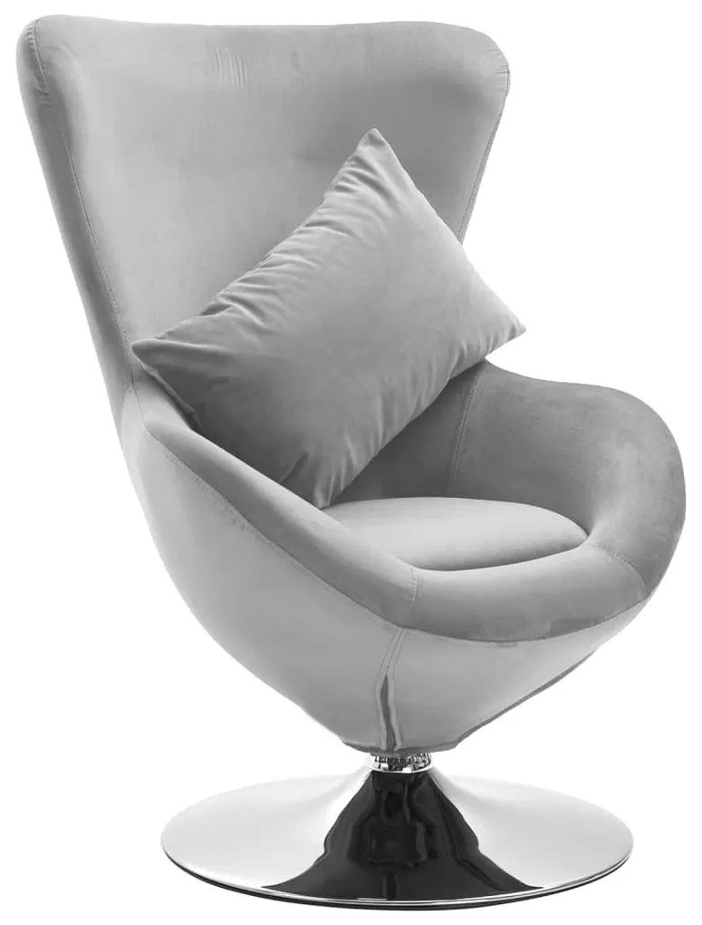 Cadeira giratória forma de ovo c/ almofadão veludo cinza-claro