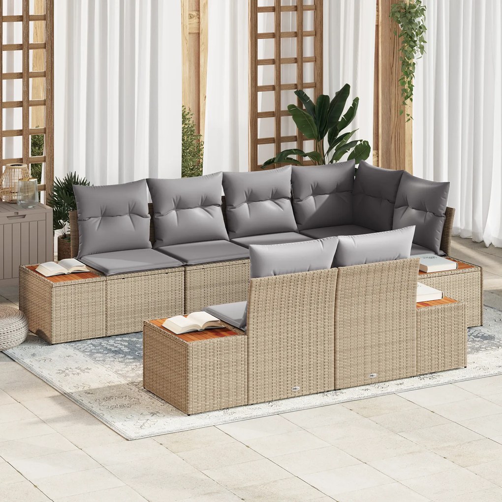 Conjunto de Sofá de Jardim vidaXL de 7 Peças com Almofadas Bege Rattan