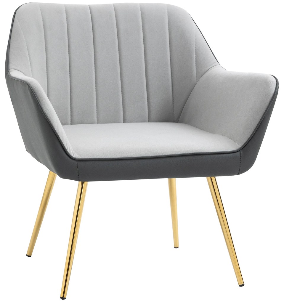 HOMCOM Poltrona de Sala de Estar Estofada em Couro Sintético e Veludo com Apoios para os Braços Pés Dourados 64x62x72,5 cm Cinza
